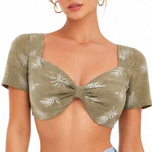 Windsor Crop Top Large Green Palm Print Boho Festival Polyester Cottagecore Y2K